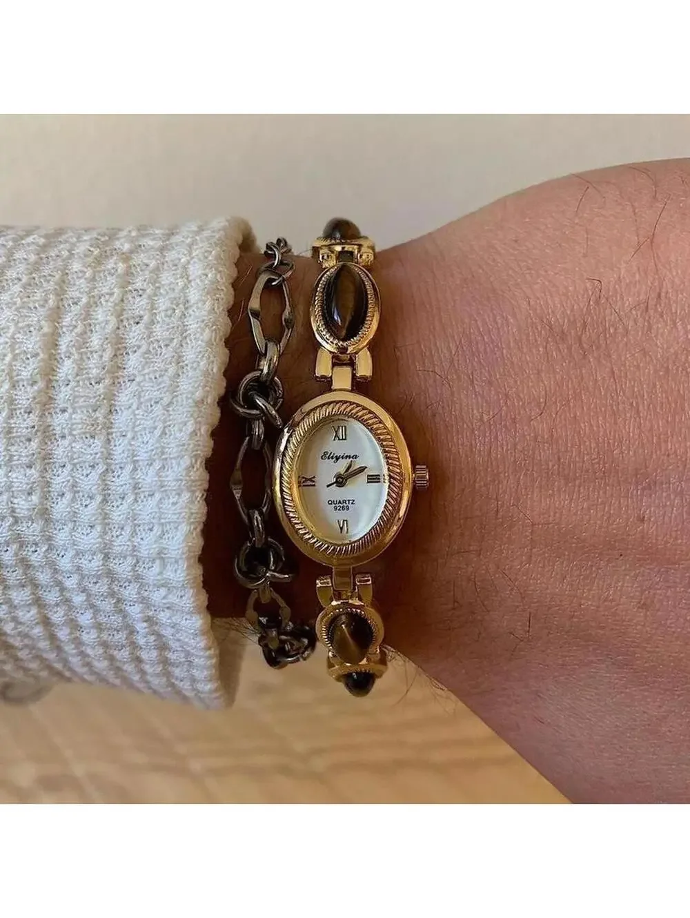 Y2K Gold Brown Dainty Quartz Opal Jade Watch 8 Inch Unisex